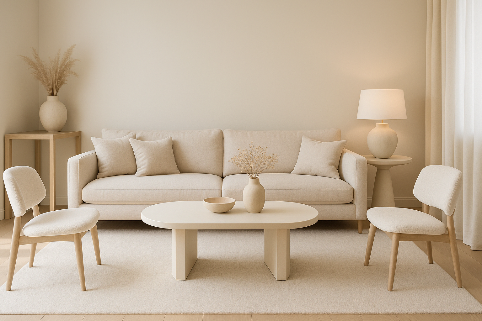 je veux une image qui represente une page qui dirige vers les meubles pour un salon sur les ton beige creme blanc, seulement une image pas decriture